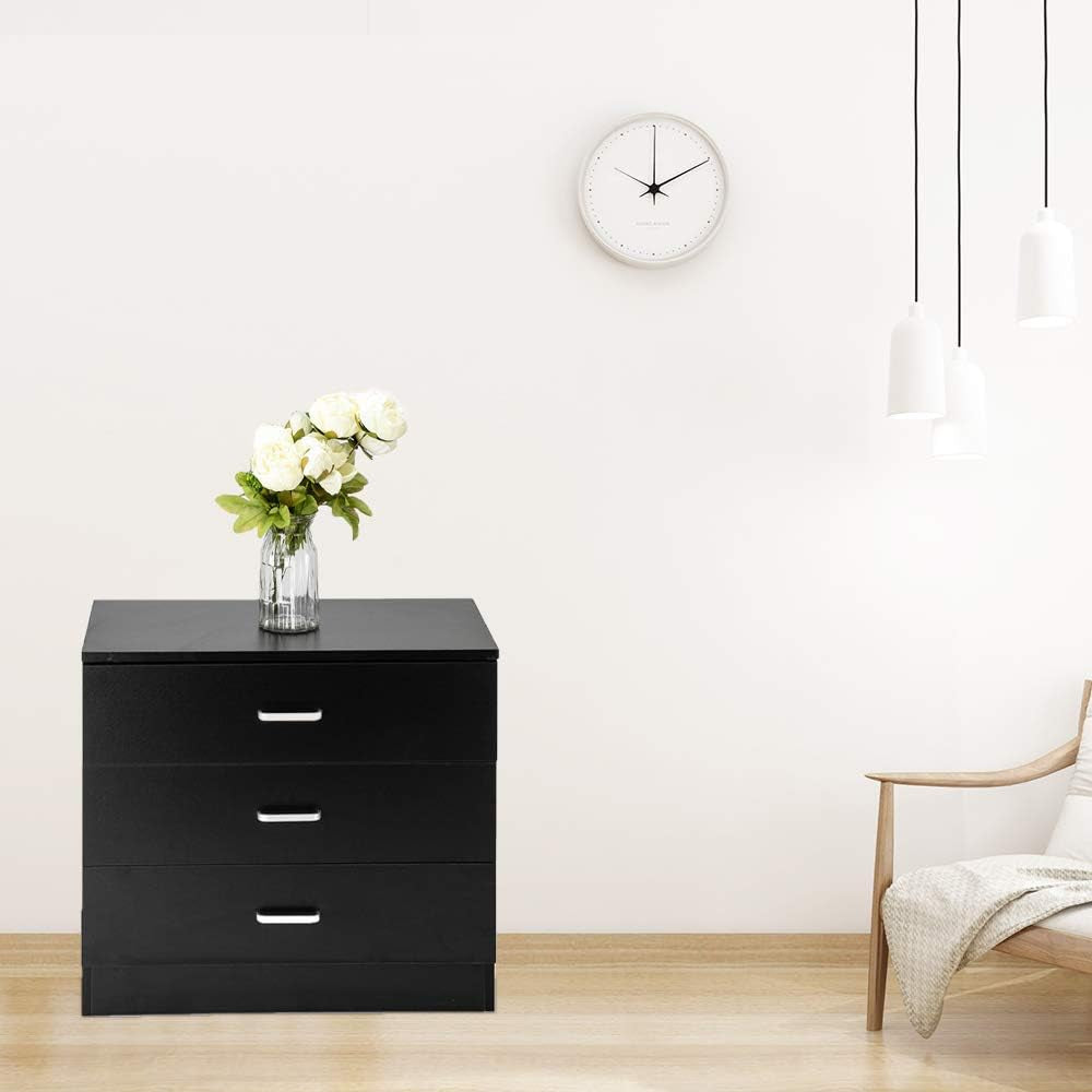 Three Drawer Dresser Black Wood Nightstand For Bedroom Living Room Modern Storage Chest Of Drawers