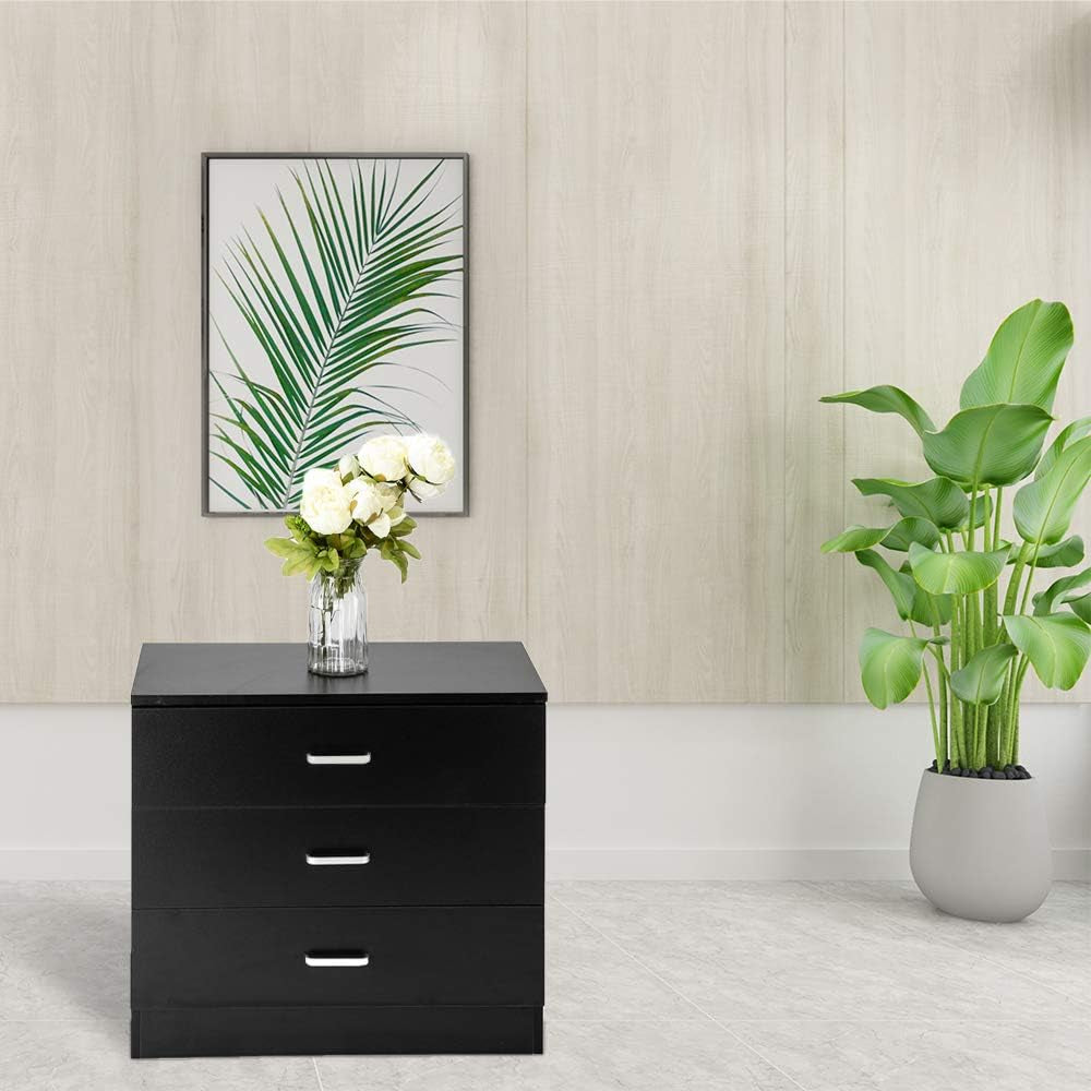 Three Drawer Dresser Black Wood Nightstand For Bedroom Living Room Modern Storage Chest Of Drawers