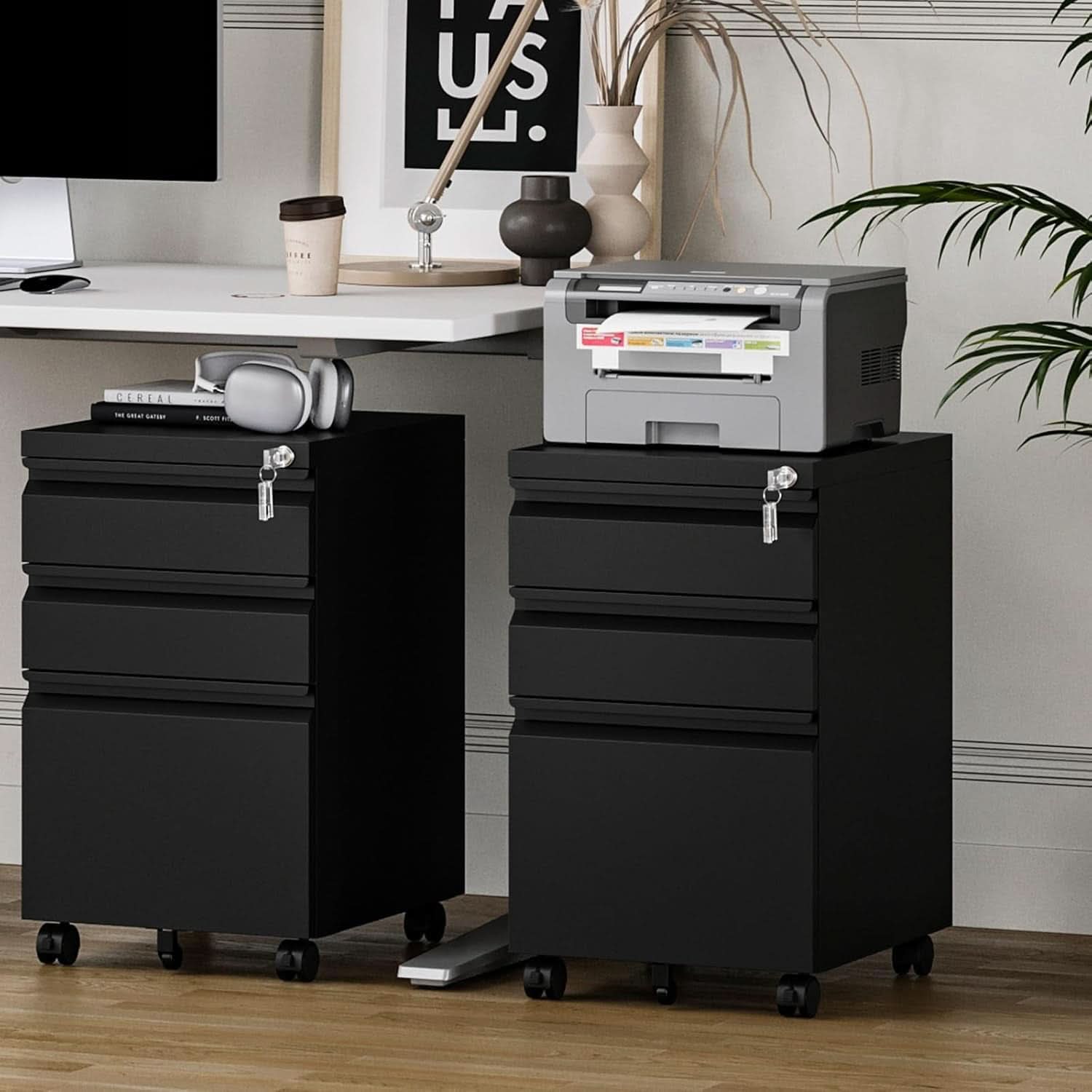 Three Drawer File Cabinet On Wheels With Lock Black Metal