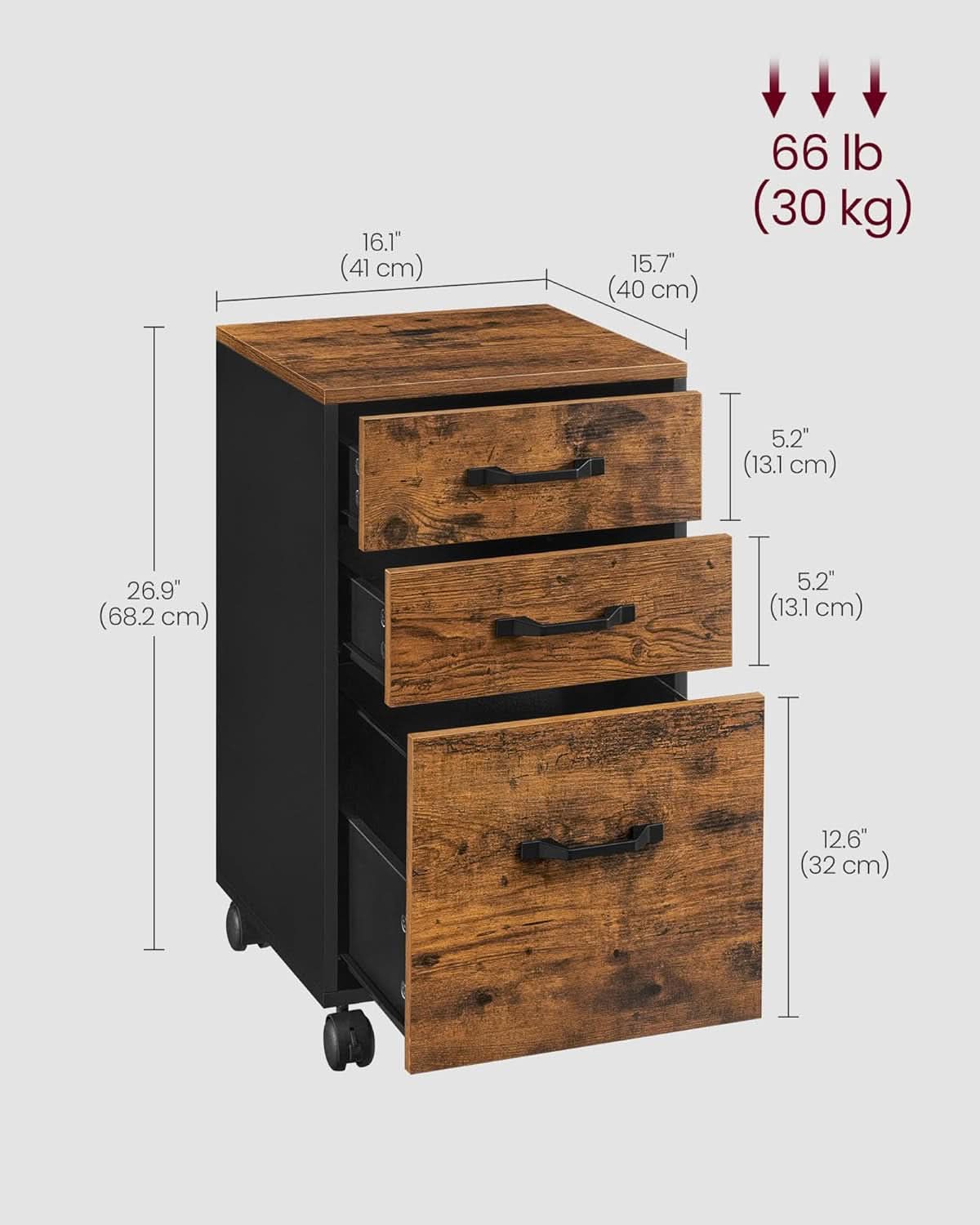 Three Drawer File Cabinet With Wheels For A4 And Letter Documents Rustic Brown