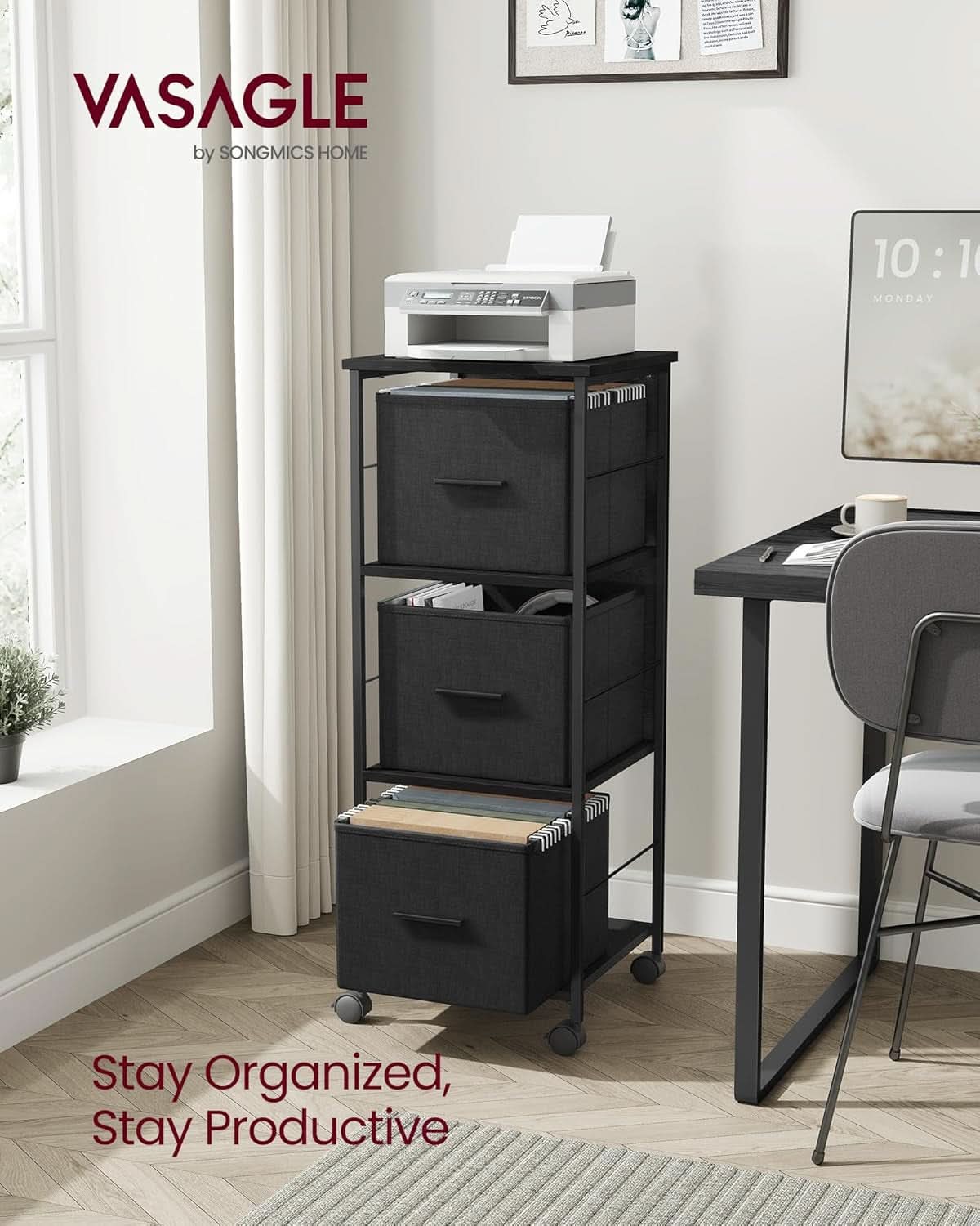 Three Drawer File Cabinet with Printer Stand in Ebony Black