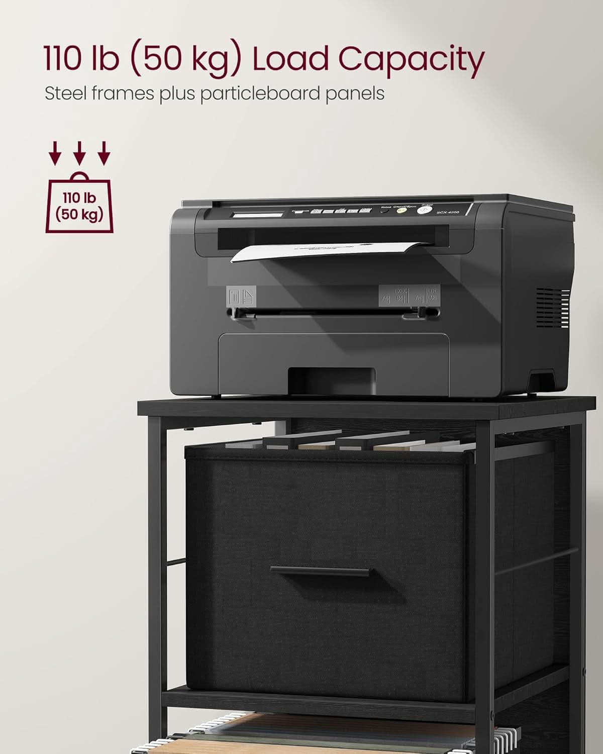 Three Drawer File Cabinet with Printer Stand in Ebony Black
