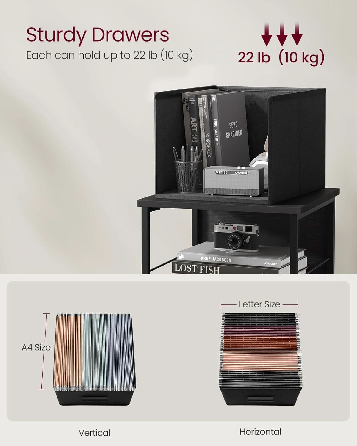 Three Drawer File Cabinet with Printer Stand in Ebony Black
