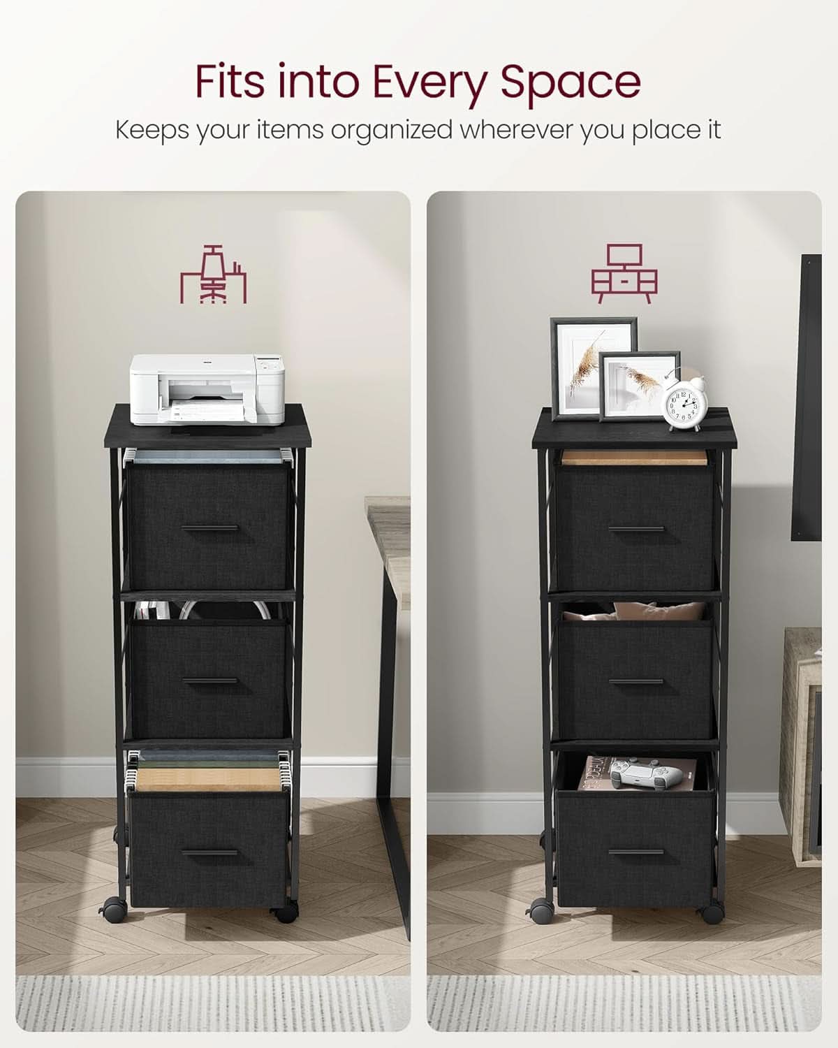 Three Drawer File Cabinet with Printer Stand in Ebony Black