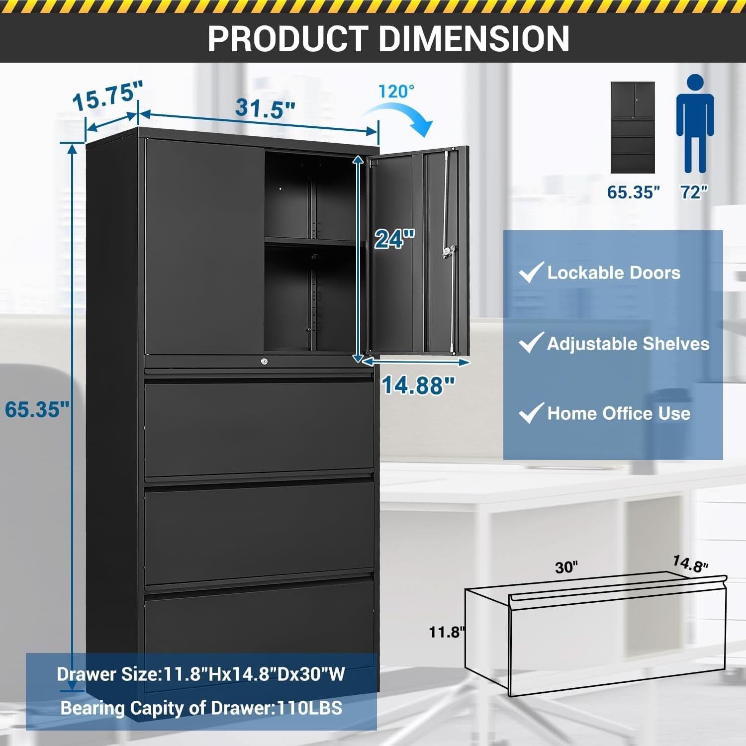 Three Drawer Lateral File Cabinet With Lockable Drawer And Door For Home Office Steel