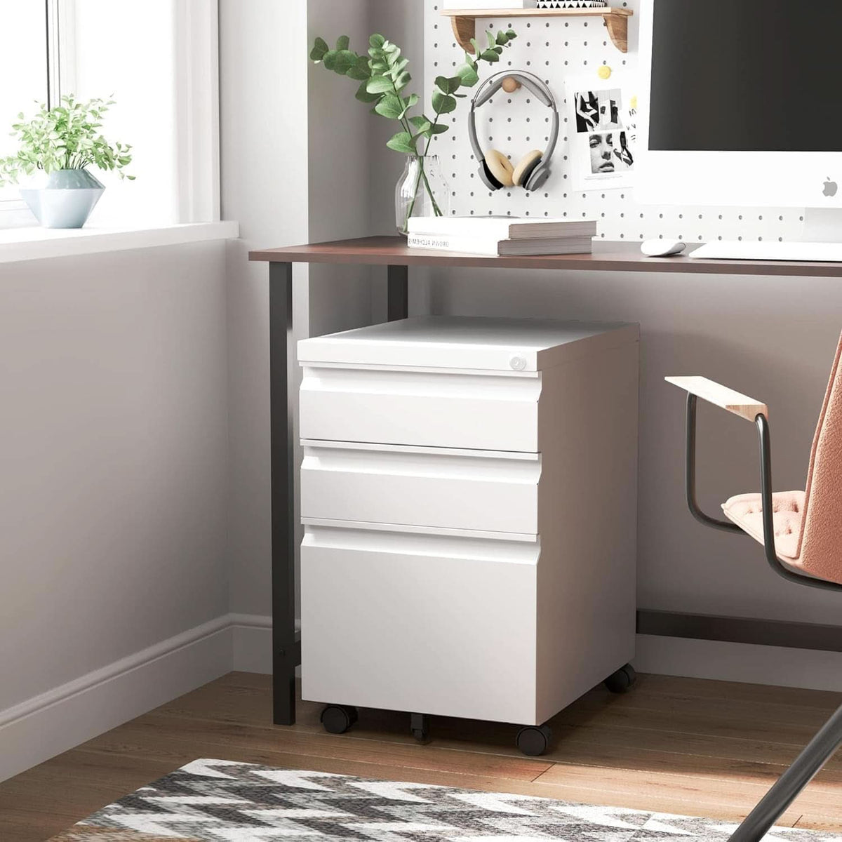 Three Drawer Locking File Cabinet Matte White For Home Office Under Desk Fully Assembled A4 Letter Legal