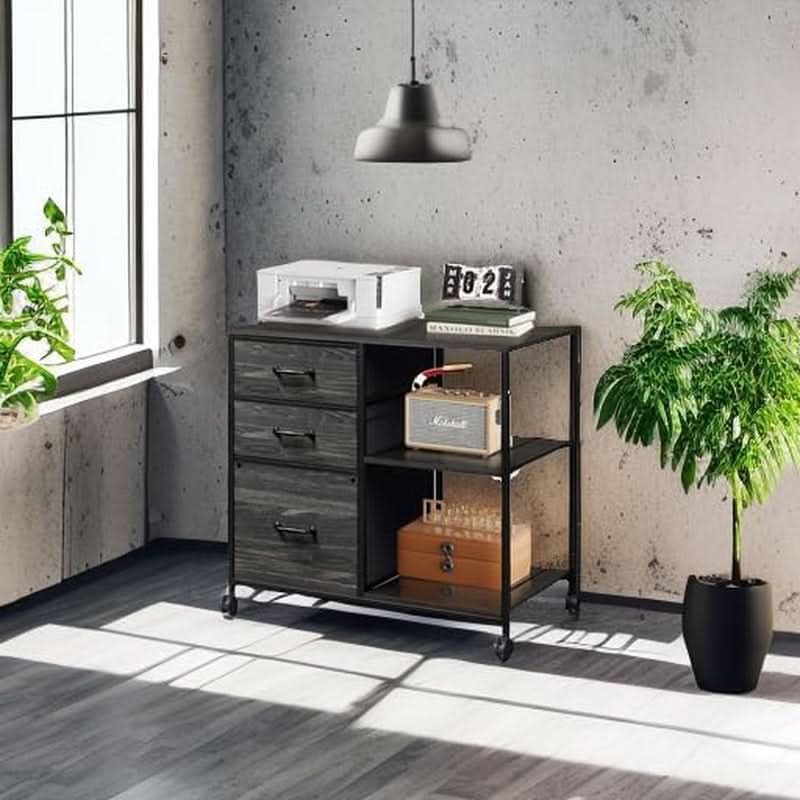 Three Drawer Mobile File Cabinet With Open Storage Shelf Charcoal Black Wood Grain