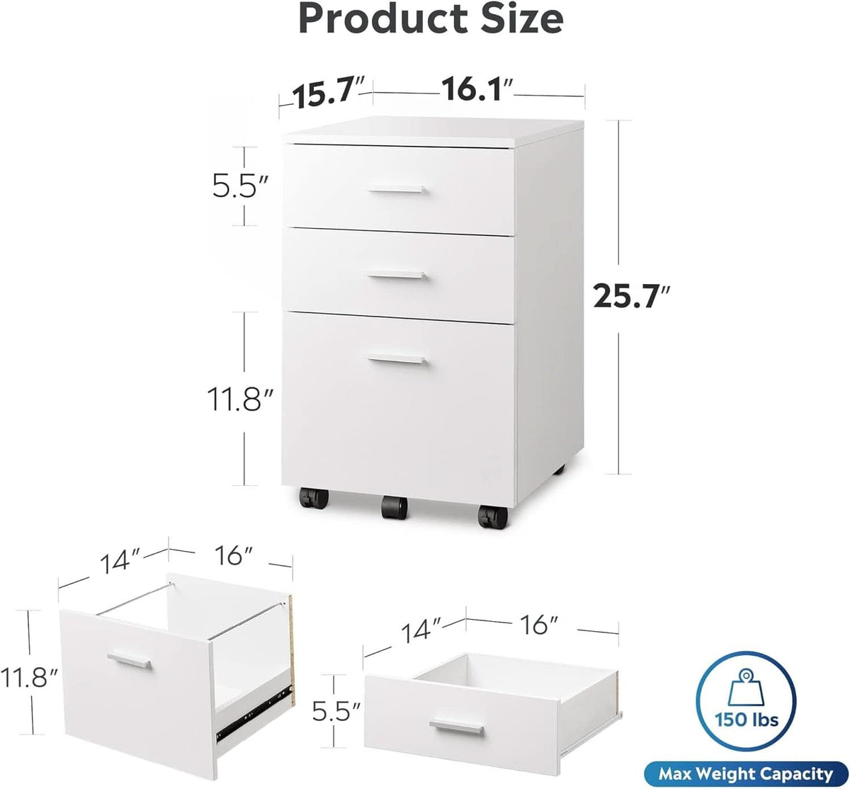 Three Drawer White Wood Mobile File Cabinet For Office Use With Letter A4 Size Compatibility Compact Storage Solution