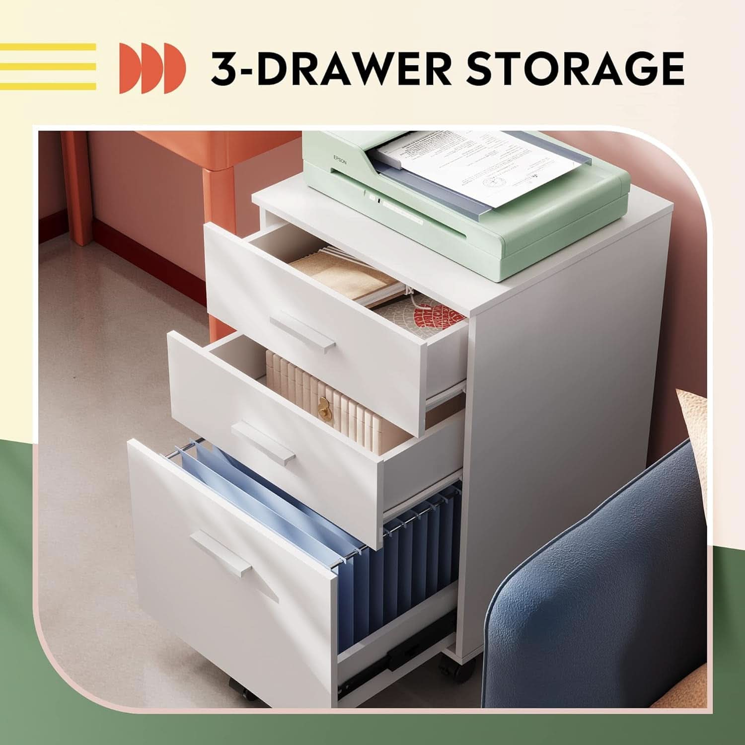 Three Drawer White Wood Mobile File Cabinet For Office Use With Letter A4 Size Compatibility Compact Storage Solution