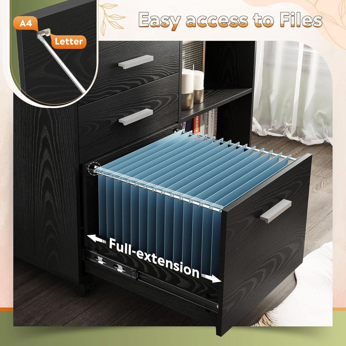 Three Drawer Wood File Cabinet With Lock Black Finish