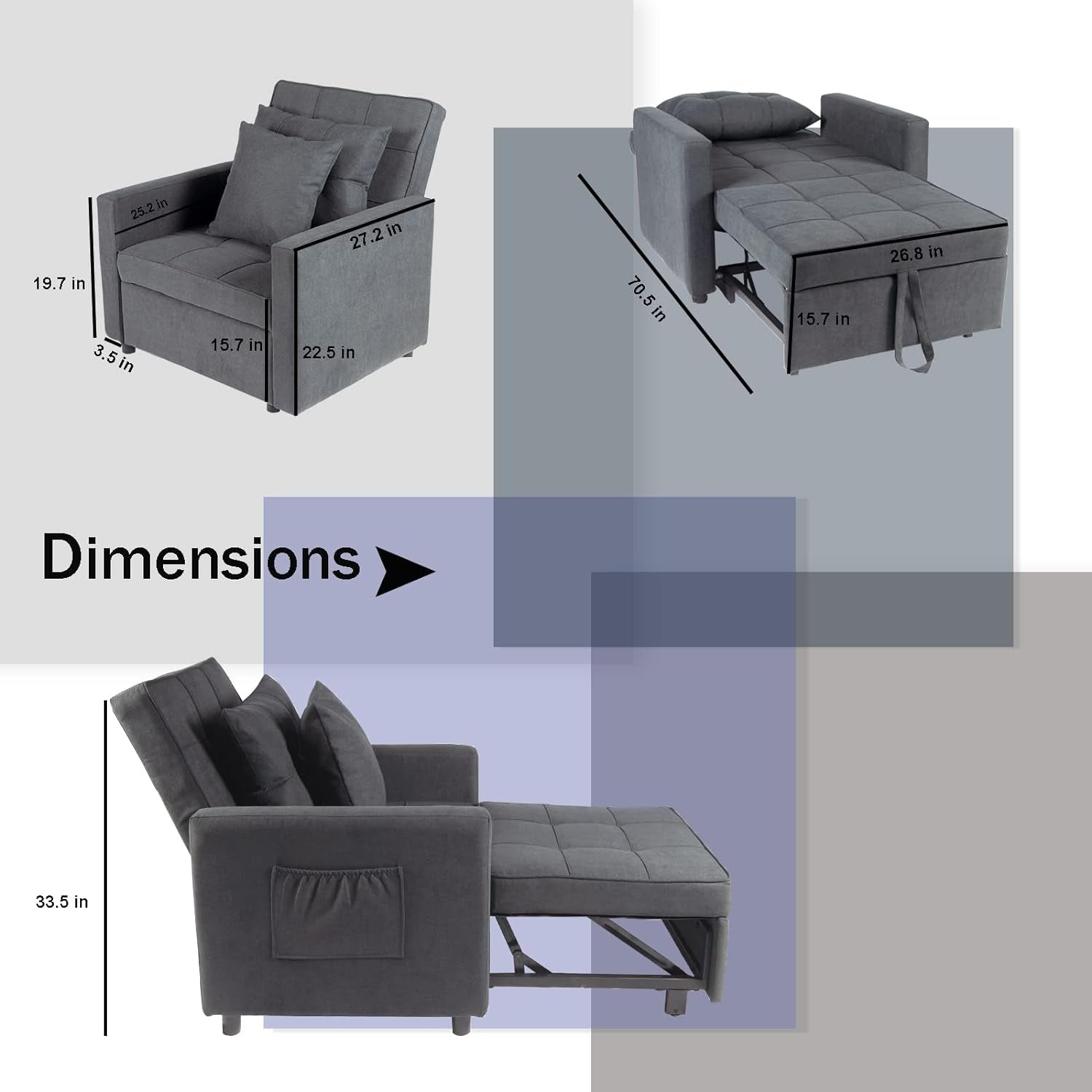 Three In One Convertible Sofa Chair Lounger Recliner Bed