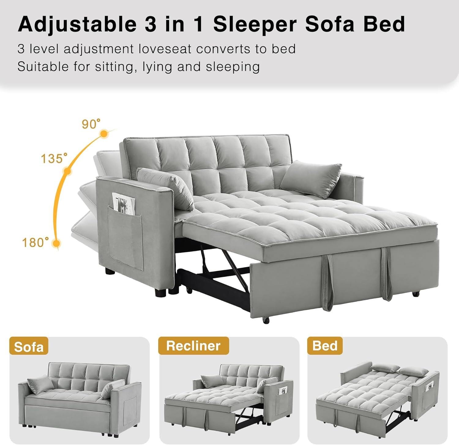 Three In One Convertible Velvet Sleeper Sofa Bed