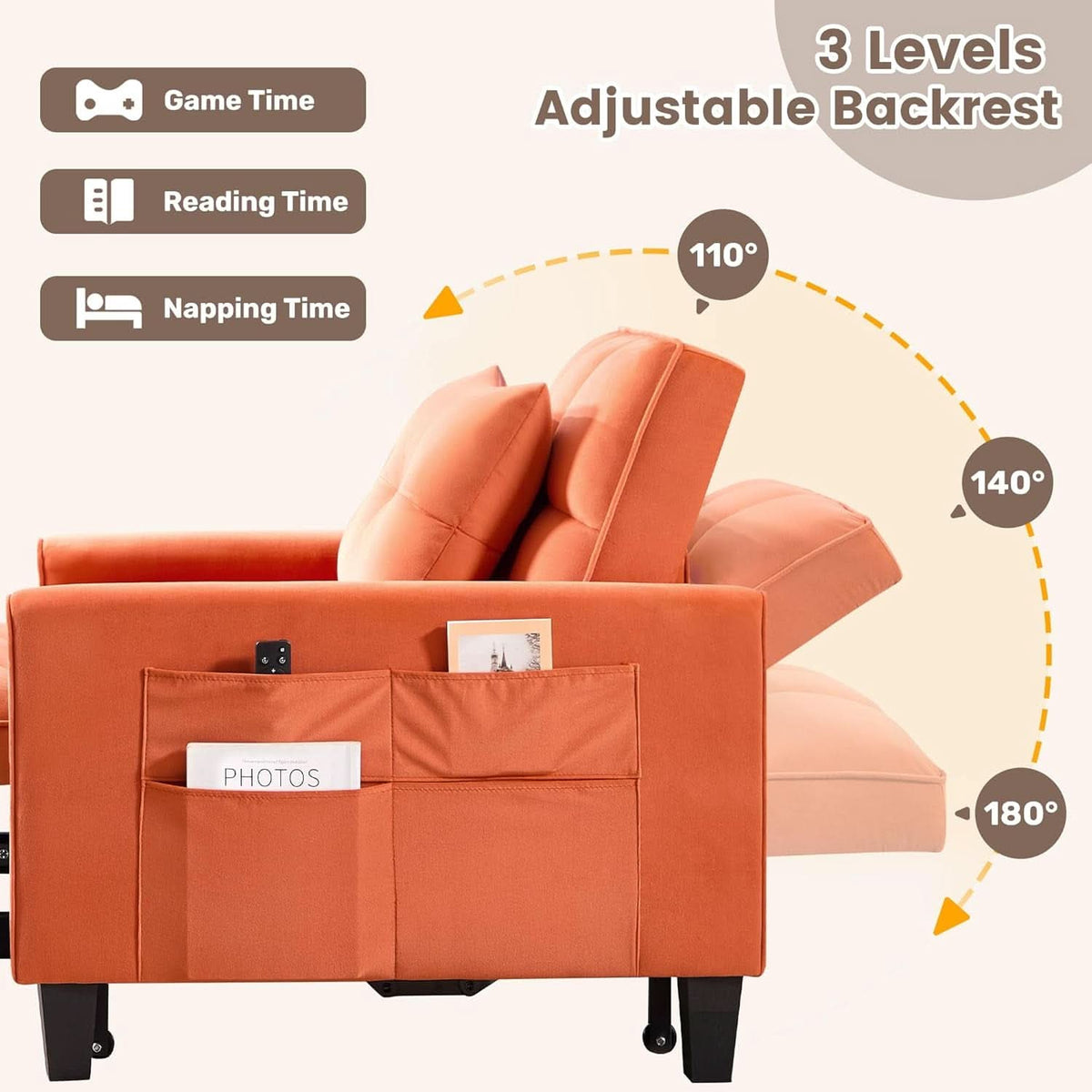 Three In One Velvet Orange Convertible Sleeper Chair