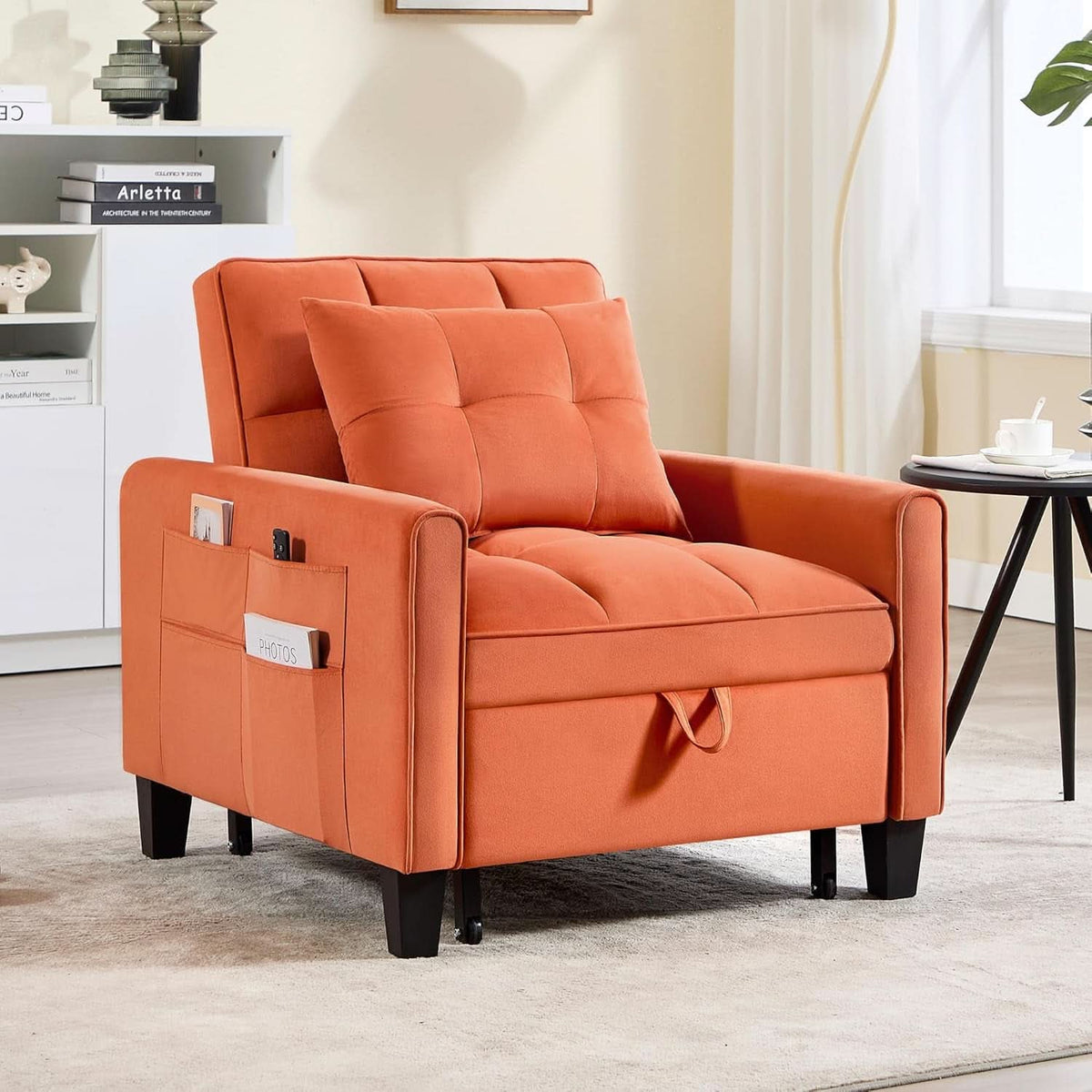 Three In One Velvet Orange Convertible Sleeper Chair