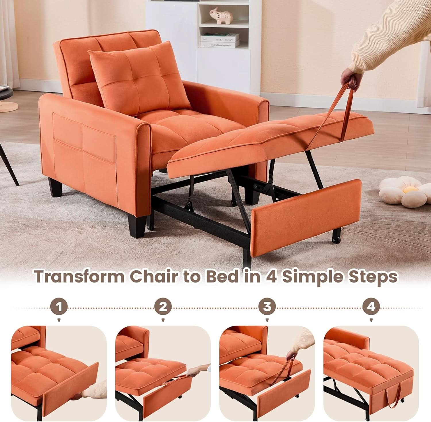 Three In One Velvet Orange Convertible Sleeper Chair