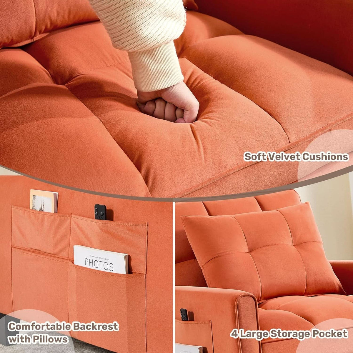 Three In One Velvet Orange Convertible Sleeper Chair