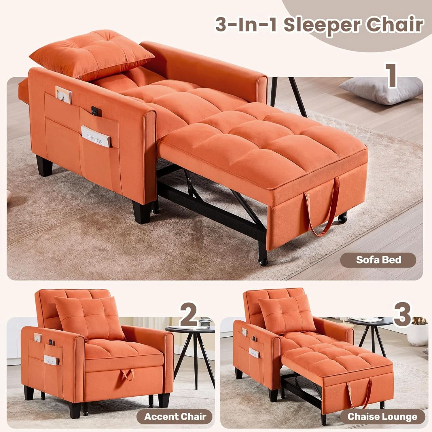 Three In One Velvet Orange Convertible Sleeper Chair