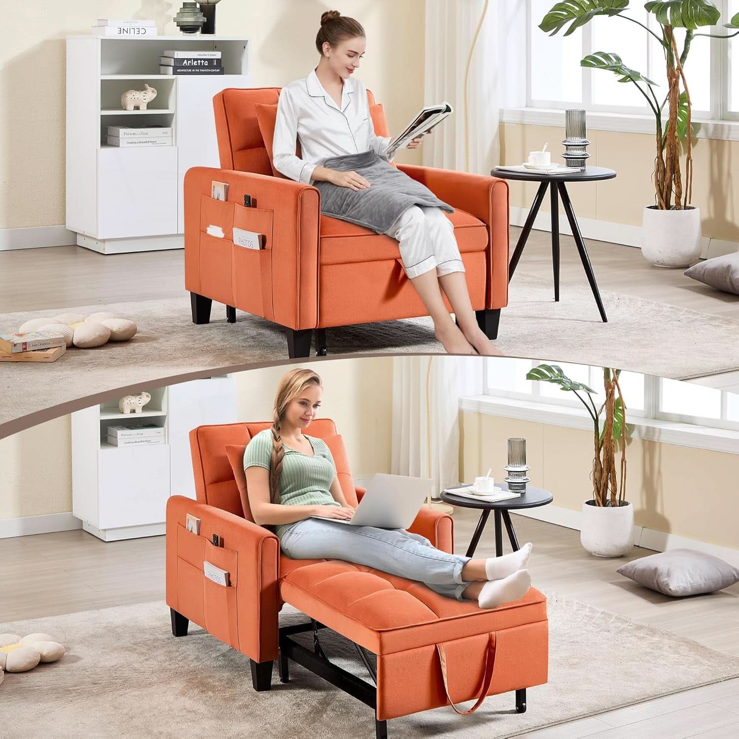 Three In One Velvet Orange Convertible Sleeper Chair