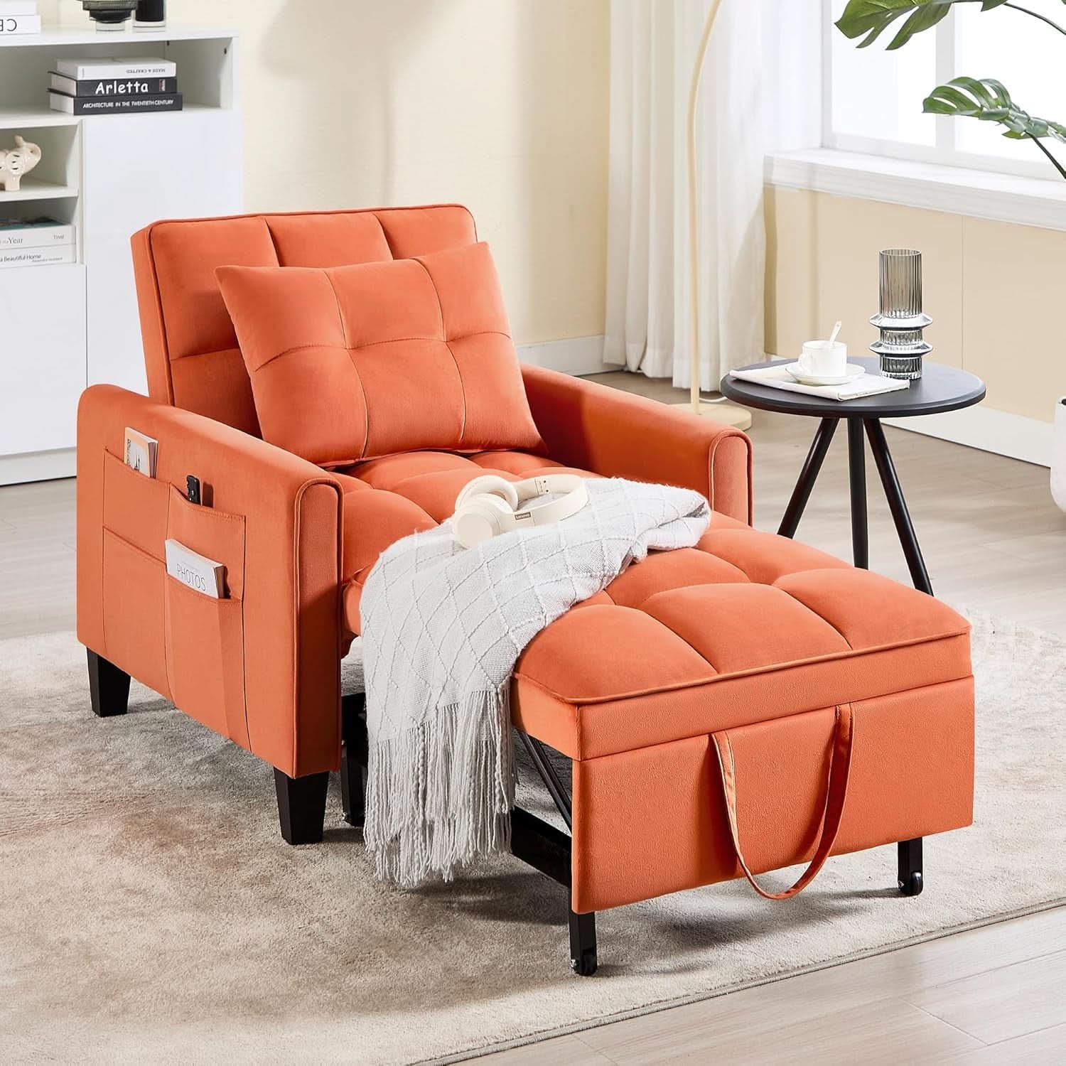 Three In One Velvet Orange Convertible Sleeper Chair