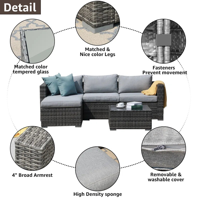 Three Person Modular Wicker Patio Set With Beige Cushions