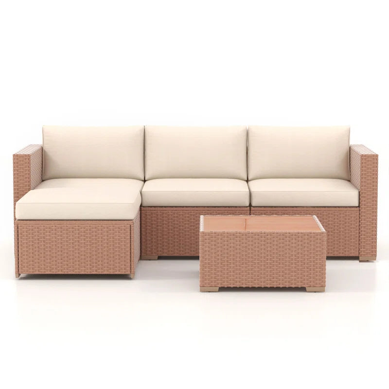 Three Person Modular Wicker Patio Set With Beige Cushions