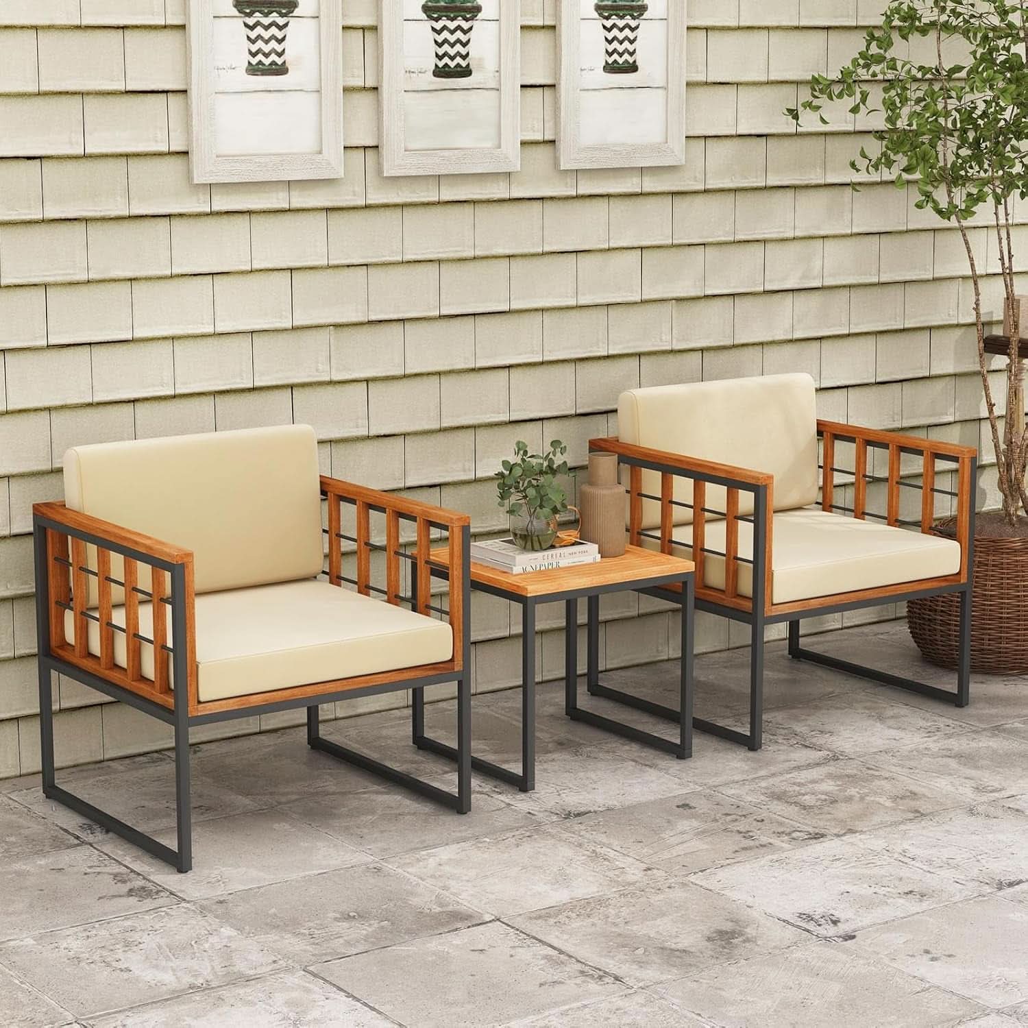 Three Piece Acacia Wood Patio Chair Set With Cushioned Seats For Balcony Porch And Backyard Beige