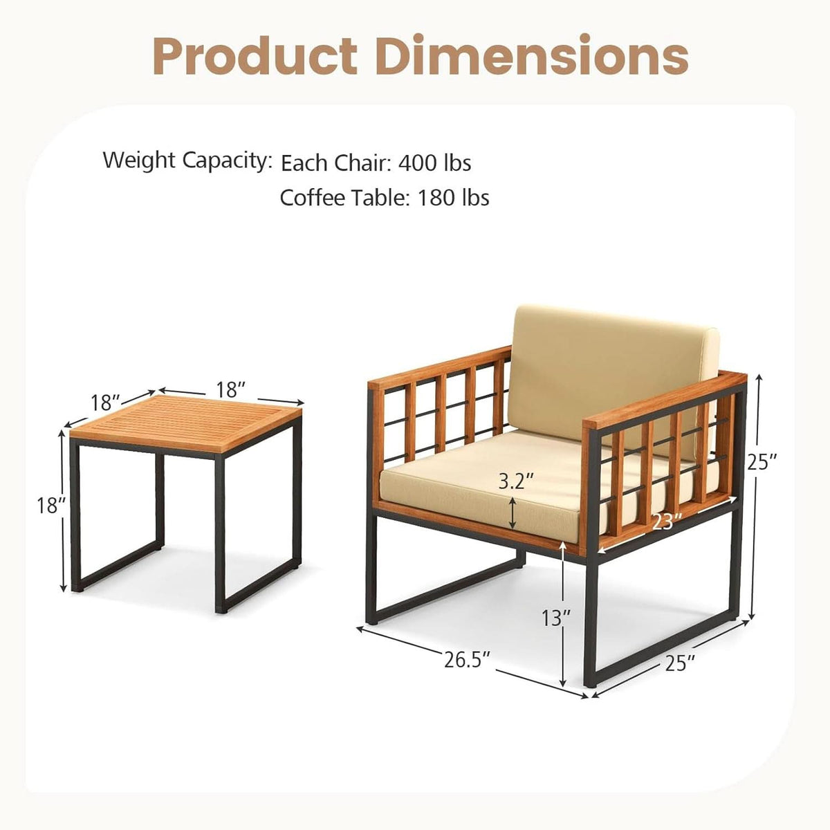 Three Piece Acacia Wood Patio Chair Set With Cushioned Seats For Balcony Porch And Backyard Beige