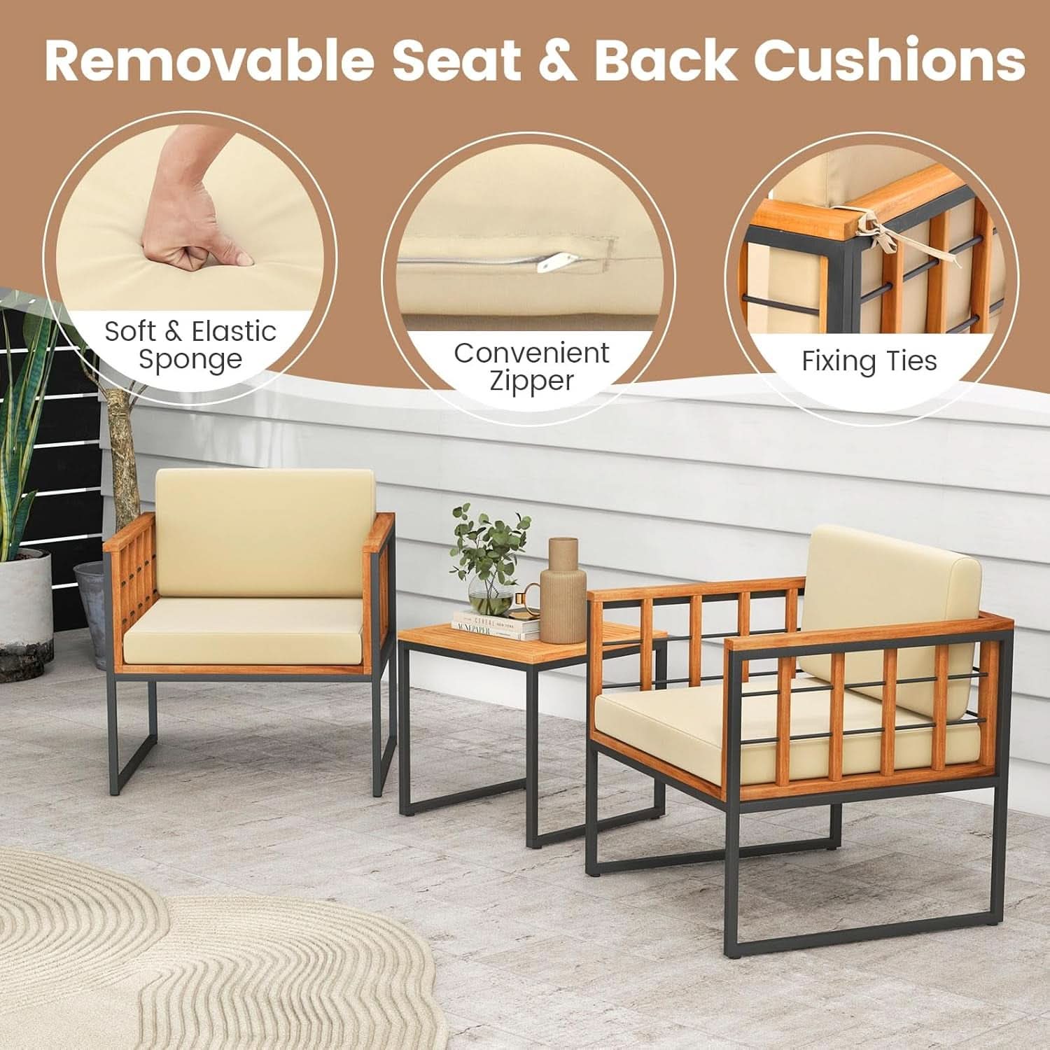Three Piece Acacia Wood Patio Chair Set With Cushioned Seats For Balcony Porch And Backyard Beige