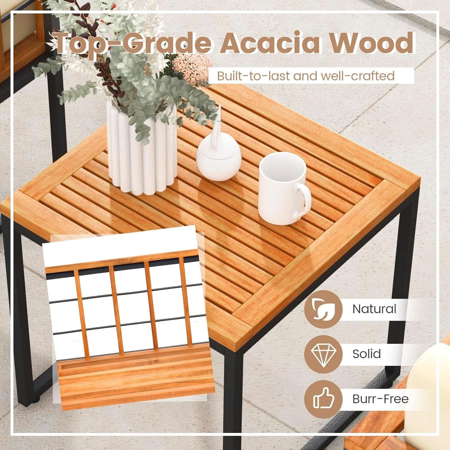 Three Piece Acacia Wood Patio Chair Set With Cushioned Seats For Balcony Porch And Backyard Beige