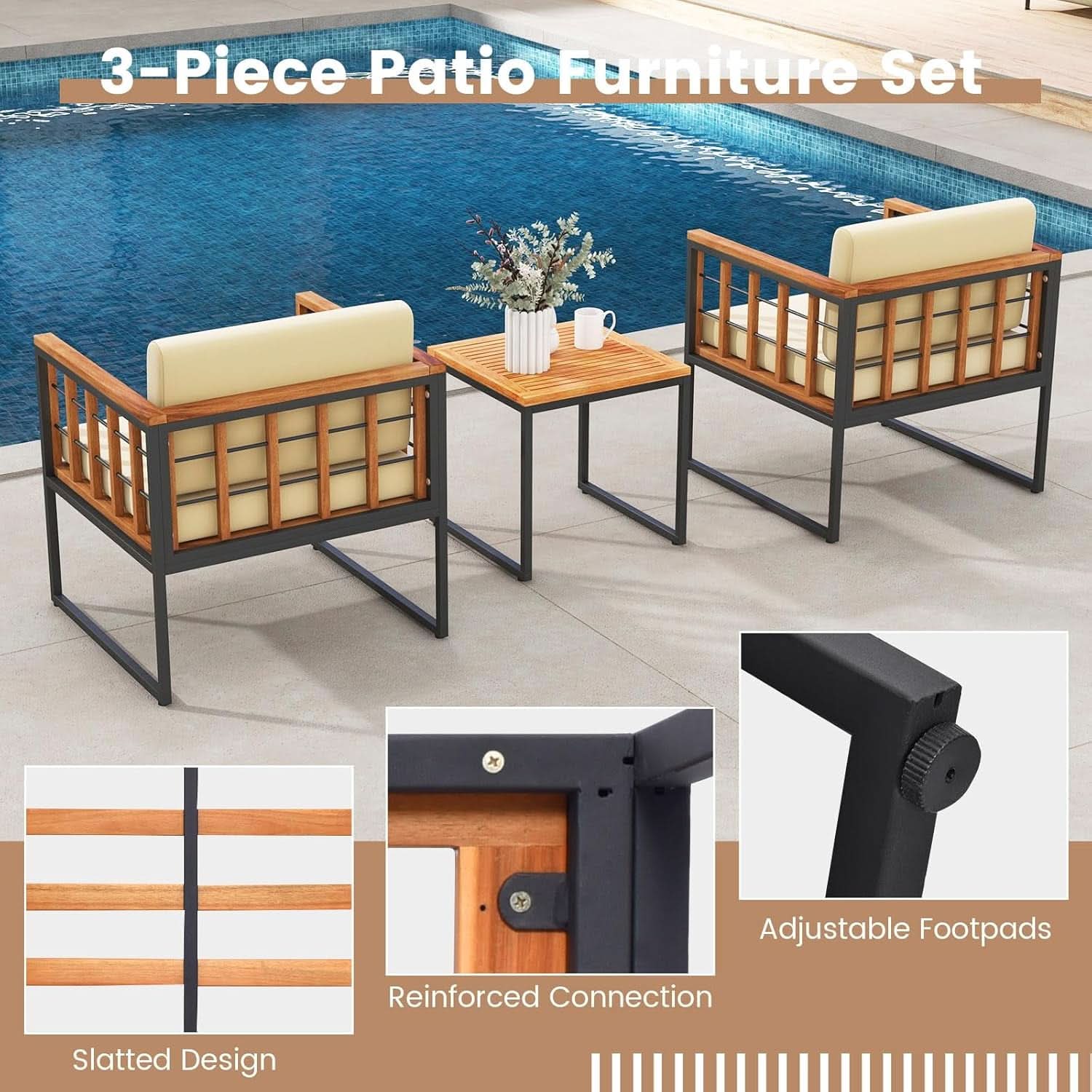 Three Piece Acacia Wood Patio Chair Set With Cushioned Seats For Balcony Porch And Backyard Beige
