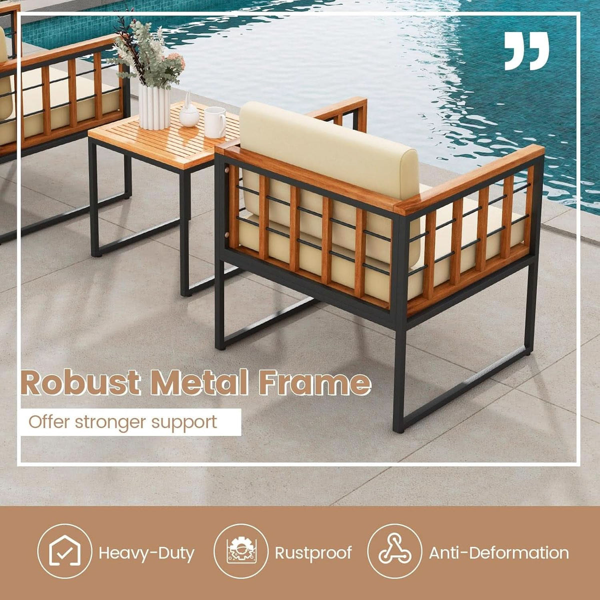 Three Piece Acacia Wood Patio Chair Set With Cushioned Seats For Balcony Porch And Backyard Beige
