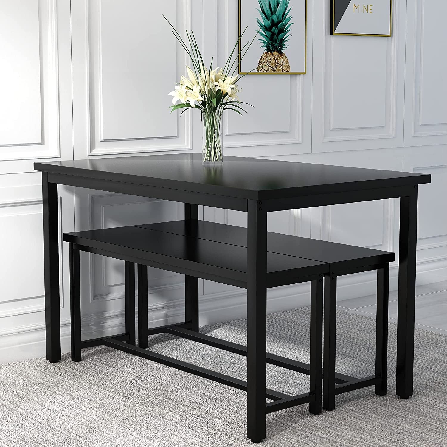 Three Piece Dining Table Set With Benches Splashproof Wood