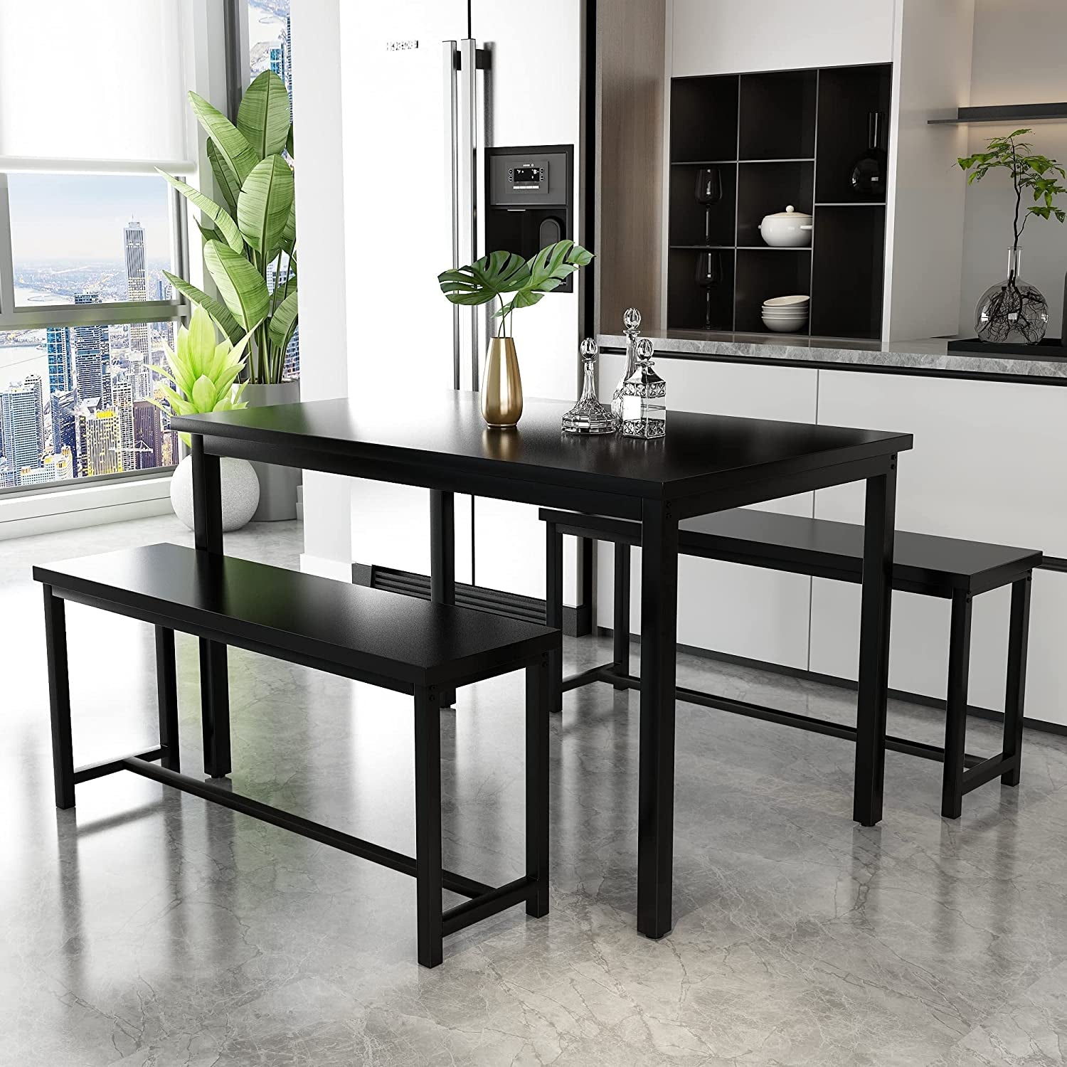 Three Piece Dining Table Set With Benches Splashproof Wood