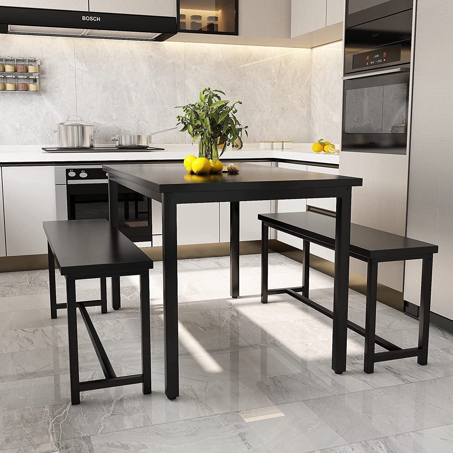 Three Piece Dining Table Set With Benches Splashproof Wood