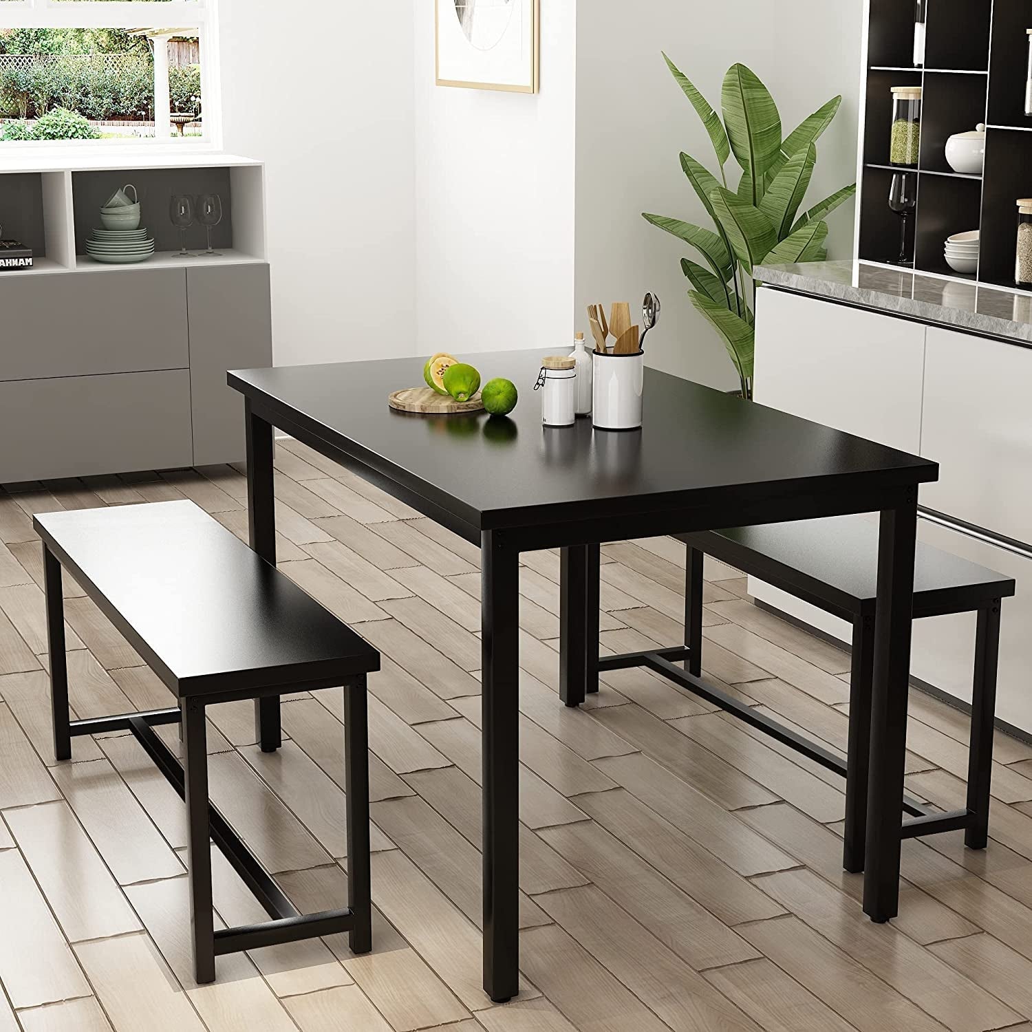Three Piece Dining Table Set With Benches Splashproof Wood