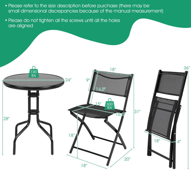 Three Piece Folding Bistro Table And Chairs Set For Indoor And Outdoor With Tempered Glass Tabletop