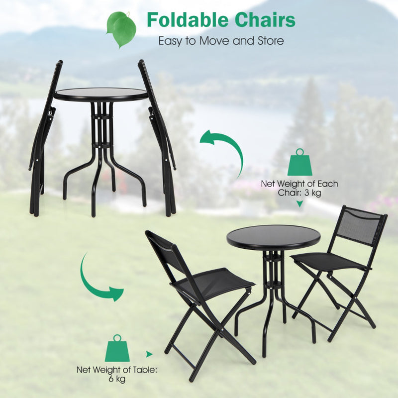 Three Piece Folding Bistro Table And Chairs Set For Indoor And Outdoor With Tempered Glass Tabletop