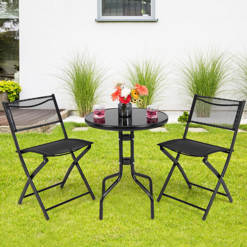 Three Piece Folding Bistro Table And Chairs Set For Indoor And Outdoor With Tempered Glass Tabletop
