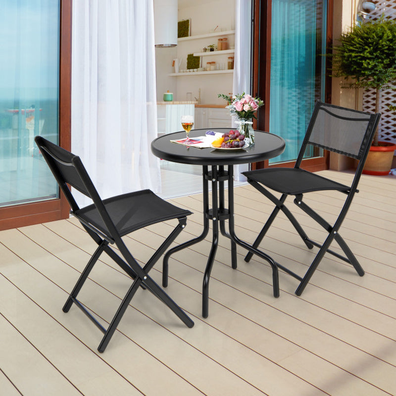 Three Piece Folding Bistro Table And Chairs Set For Indoor And Outdoor With Tempered Glass Tabletop