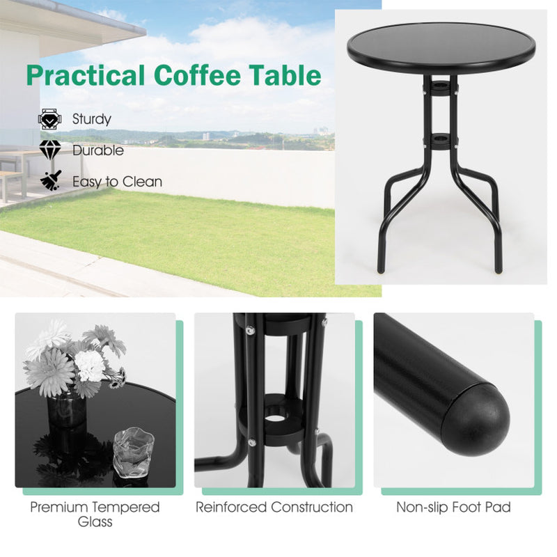 Three Piece Folding Bistro Table And Chairs Set For Indoor And Outdoor With Tempered Glass Tabletop