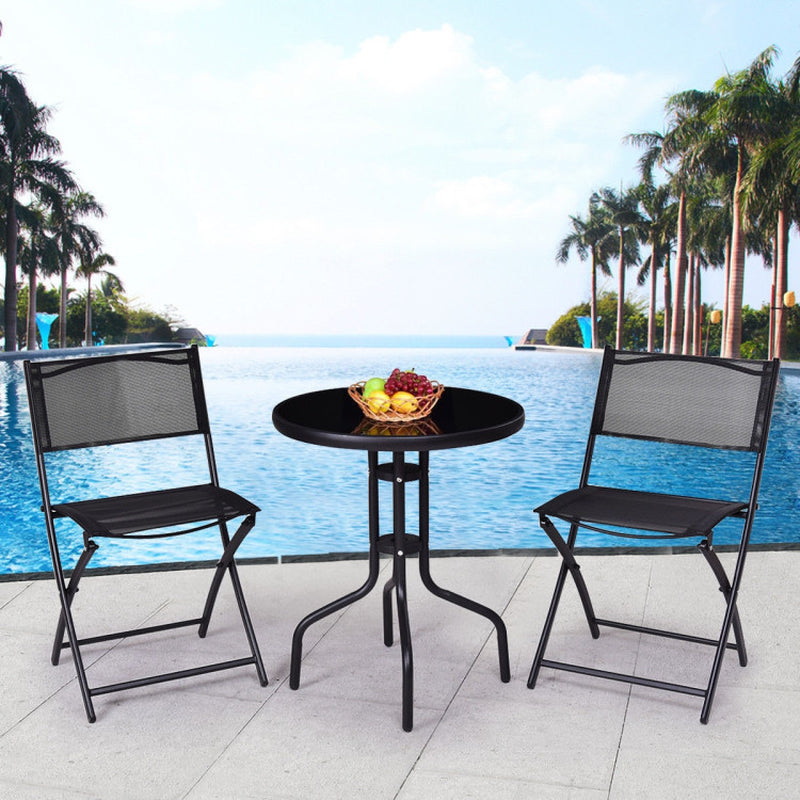 Three Piece Folding Bistro Table And Chairs Set For Indoor And Outdoor With Tempered Glass Tabletop