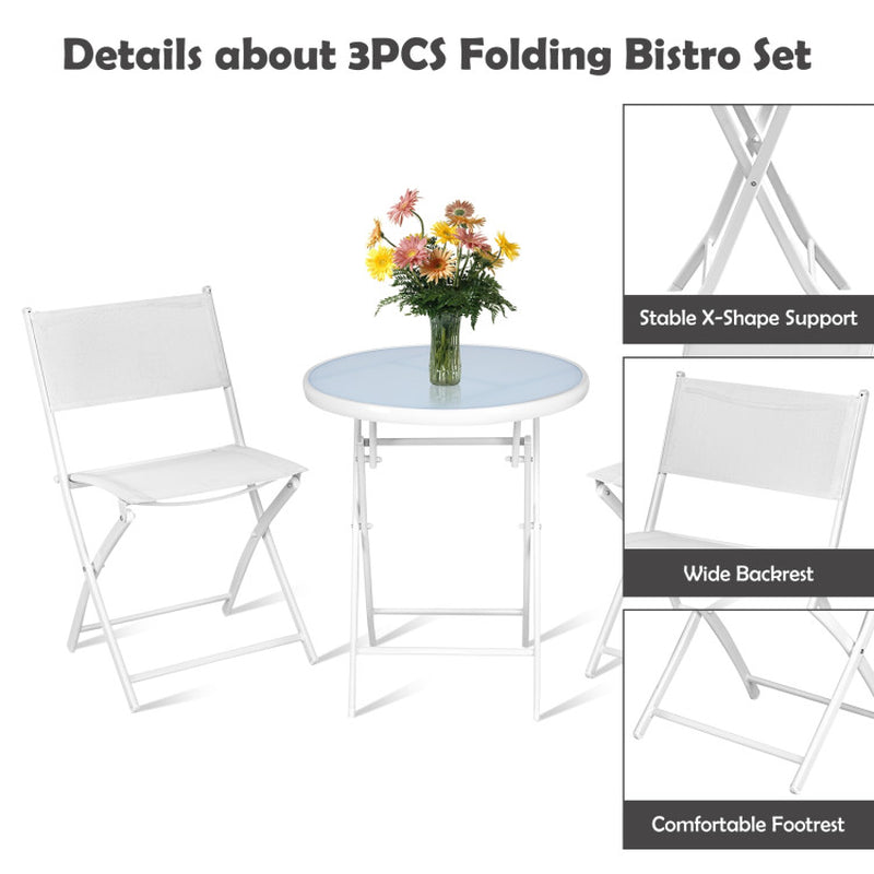 Three Piece Folding Outdoor Bistro Set With Table And Two Chairs For Balcony Patio