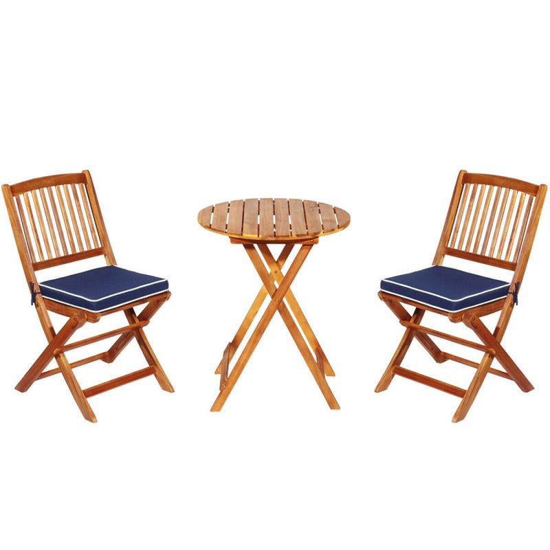 Three Piece Folding Patio Bistro Set With Padded Cushions And Round Coffee Table In Acacia Wood