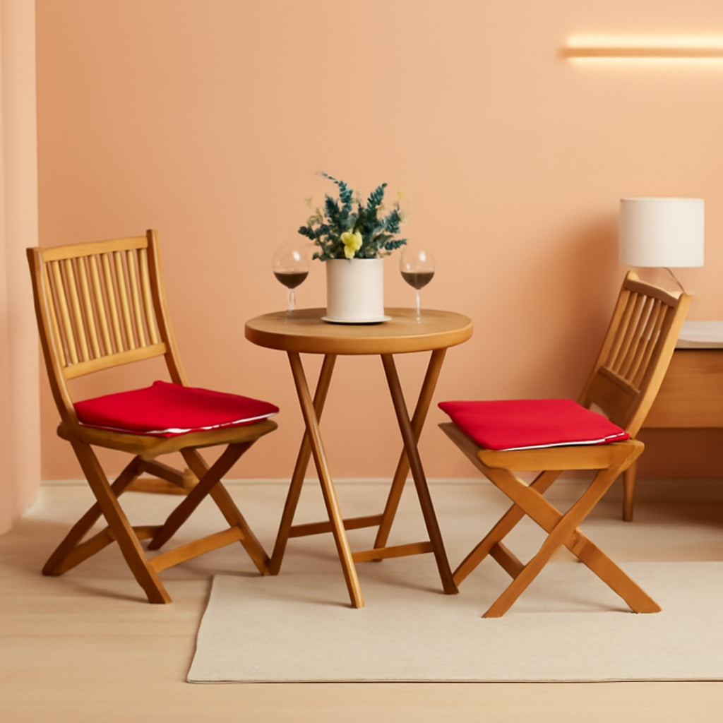 Three Piece Folding Patio Bistro Set With Padded Cushions And Round Coffee Table In Acacia Wood