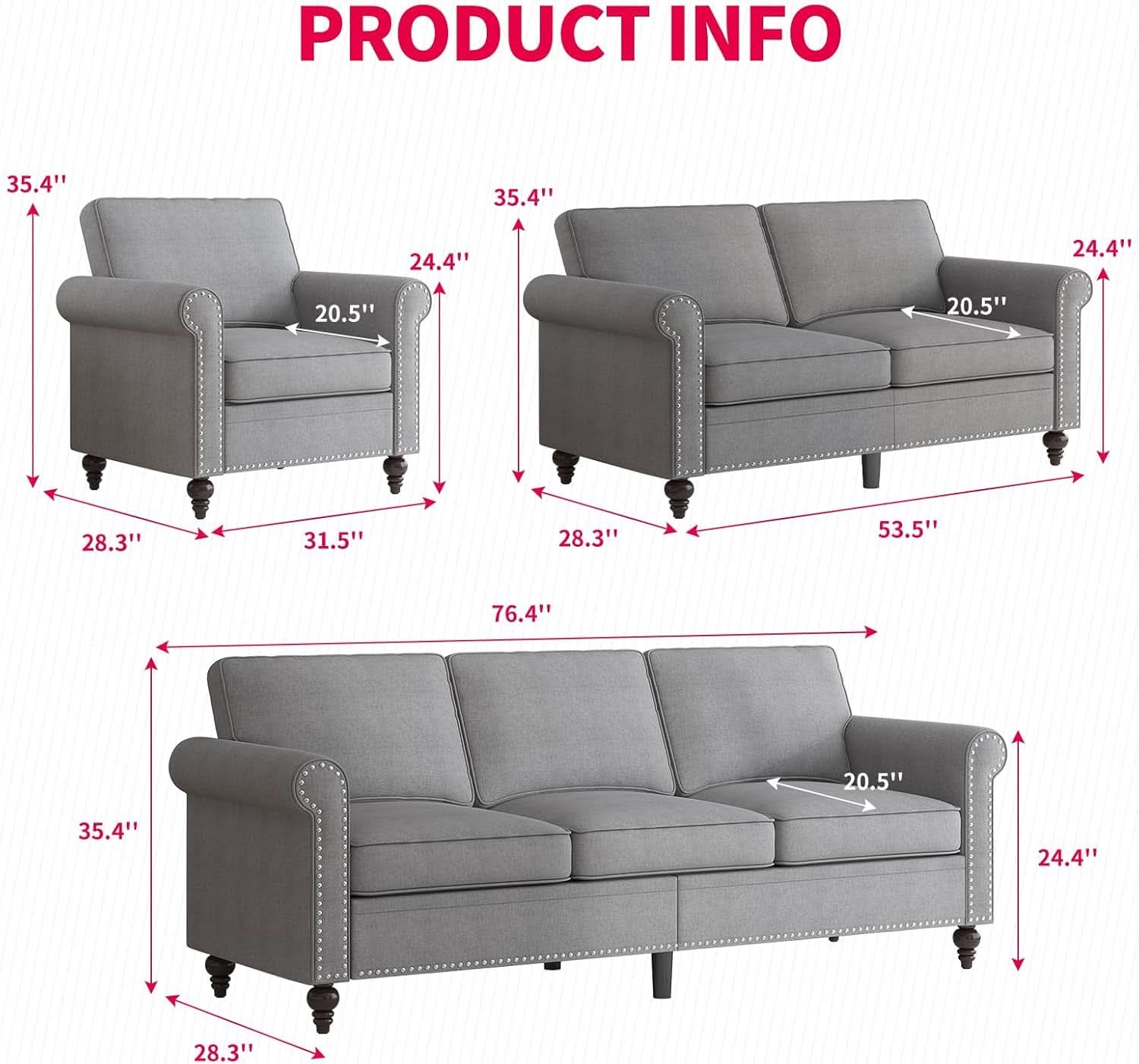 Three Piece Linen Sofa Set With Nailhead Trim In Light Grey