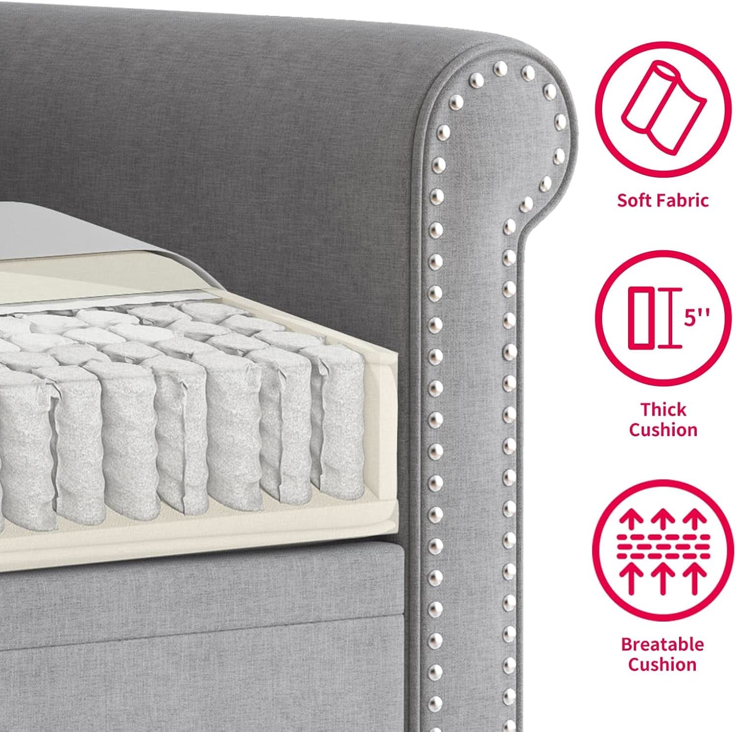 Three Piece Linen Sofa Set With Nailhead Trim In Light Grey