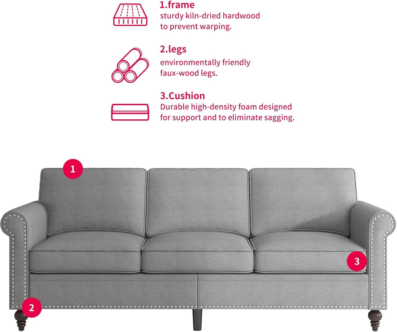 Three Piece Linen Sofa Set With Nailhead Trim In Light Grey