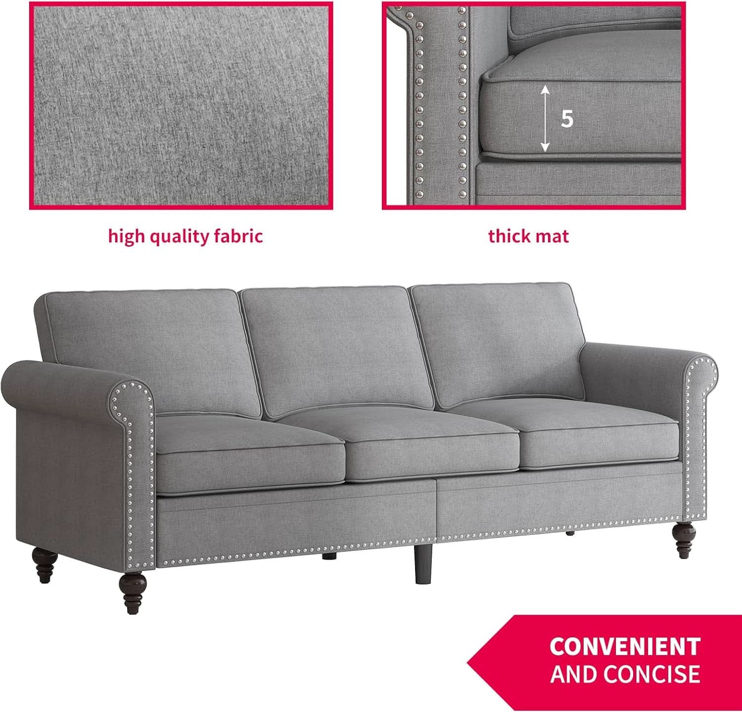 Three Piece Linen Sofa Set With Nailhead Trim In Light Grey