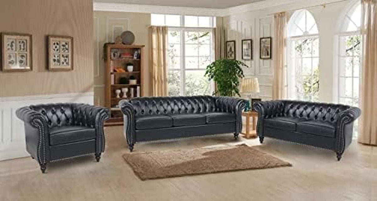 Three Piece Living Room Furniture Set With Faux Leather Chesterfield Sofa Club Chair And Loveseat In Black