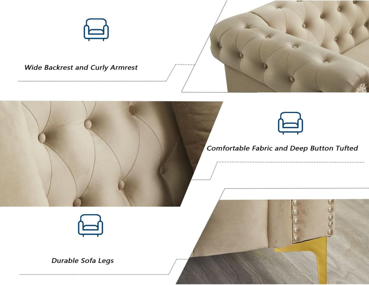 Three Piece Living Room Set Mid Century Sofa Armchair Loveseat Beige With Button Tufting And Nailhead Trim